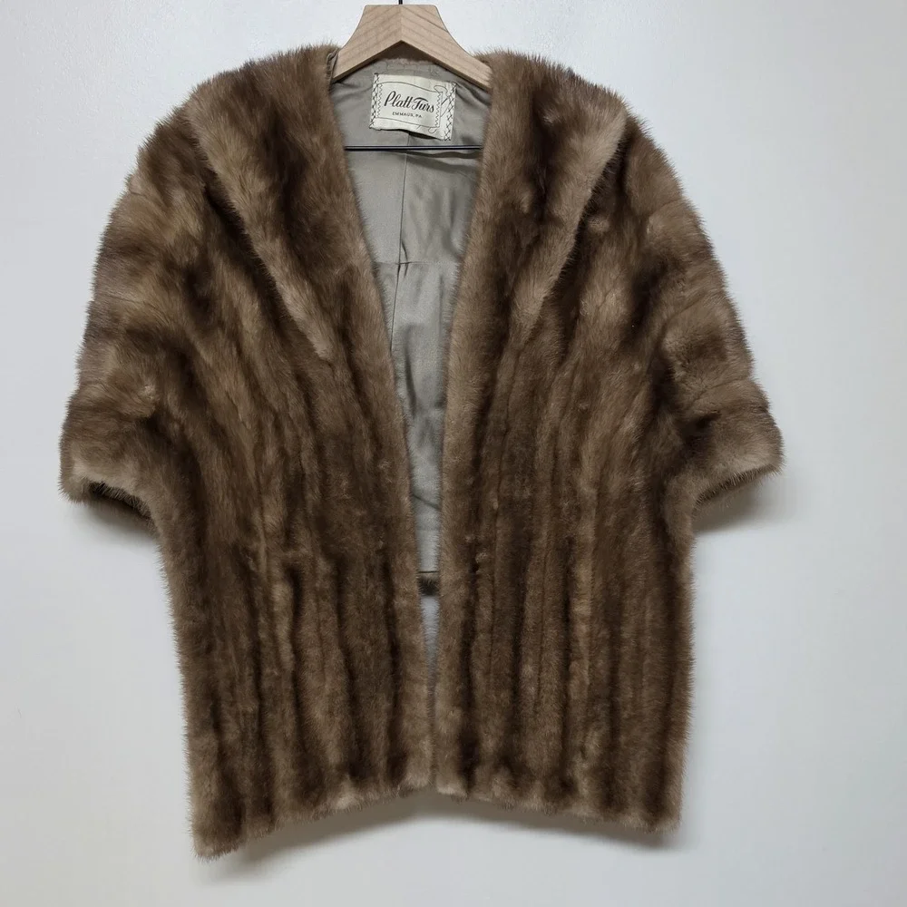 Vintage Platt Furs Mink Stole Cape‎ Brown Real Fur Wrap Jacket Shrug